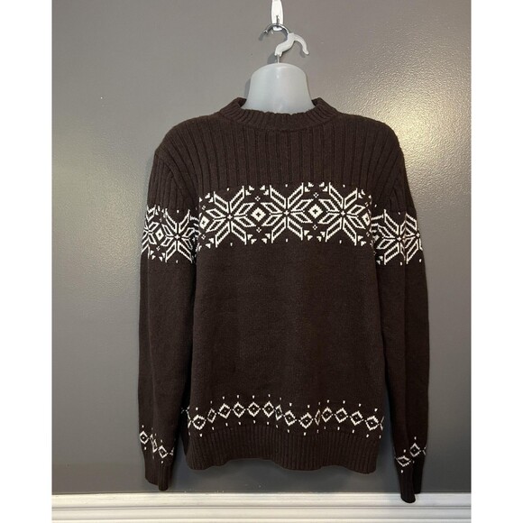 Lands' End Sweater Mens XL Brown White Fair Isle Nordic Snowflake Crewneck Knit - Picture 1 of 6